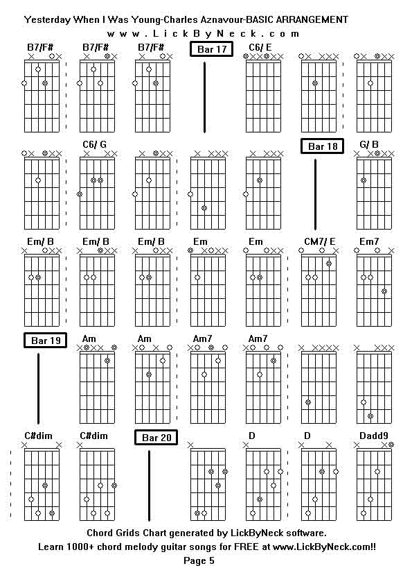 Chord Grids Chart of chord melody fingerstyle guitar song-Yesterday When I Was Young-Charles Aznavour-BASIC ARRANGEMENT,generated by LickByNeck software.